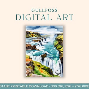 Aquarelle de Gullfoss (ART NUMÉRIQUE) Islande, Art du voyage, Cartes postales, Art de fiançailles, Europe, Reykjavík, Parc national de Thingvellir