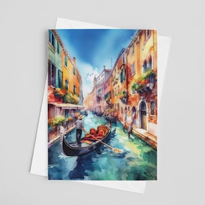Cartões de felicitações de gôndola de Veneza, conjunto de cartões de felicitações 5 x 7, arte digital, pintura da Itália, arte de viagem, papelaria da Europa