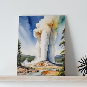 Yellowstone Watercolor Art Canvas - Old Faithful Geyser, National Park Gifts, Nature Art, Outdoors, Wyoming, National Park Lover, Wall Art