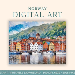 Aquarelle de Bergen (ART NUMÉRIQUE) Norvège, Art du voyage, Impressions d'art, Carte postale à faire soi-même, Art de fiançailles, Peintures de la ville de l'Europe, Bryggen