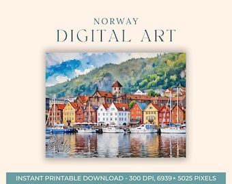 Bergen Watercolor Painting (DIGITAL ART) Norway, Travel Art, Art Prints, DIY Postcard, Engagement Art, Europe City Paintings, Bryggen