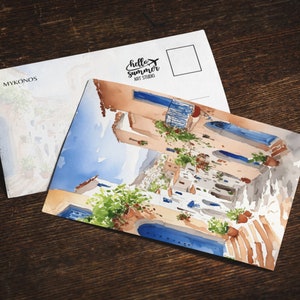 Cartão postal de aquarela de Mykonos, conjunto de cartões comemorativos 5 x 7, Grécia, Europa, Arte de viagem, Arte de viagem, lembrança, presente, Mediterrâneo, Porta Azul