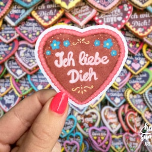 Etiqueta engomada de la galleta del corazón del Oktoberfest - Lebkuchenherzen, pegatina Ich Liebe Dich, arte del Oktoberfest, pegatina de Alemania, pegatina de Múnich