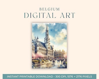 Brussels Watercolor Painting (DIGITAL ART) Grand Palace of Belgium, Travel Art, Art Prints, Postcard, Engagement Art, Europe City Paintings