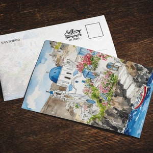 Santorini Aquarell Postkarte, 5 x 7 Grußkarten, Griechenland, Europa, Travel Art, Reisekunst, Souvenir, Geschenk, Mittelmeer, Blue Dome