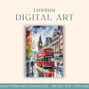 Aquarelle (ART NUMÉRIQUE) Londres, Angleterre, bus à impériale, art du voyage, impressions d'art, carte postale à faire soi-même, art de fiançailles, peintures d'Europe