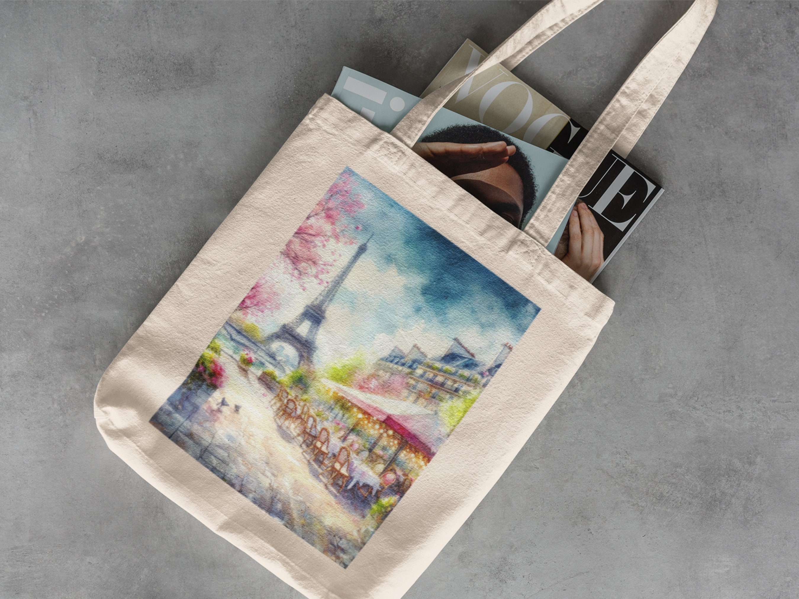 Paris Watercolor Canvas Tote - Library Bag, Reusable Grocery Bag, Cotton Tote Bag, Travel Beach Bag, Europe Art, France Bag