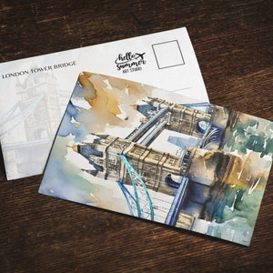 Postal de acuarela del Puente de la Torre de Londres, juego de tarjetas de felicitación de 5 x 7, arte digital, pintura de Londres, arte de viaje, postal de Inglaterra, recuerdo del Reino Unido