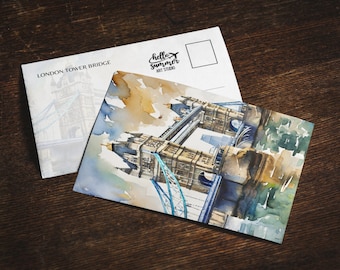 Carte postale aquarelle London Tower Bridge, lot de cartes de voeux 5 x 7, art numérique, peinture Londres, art du voyage, carte postale Angleterre, souvenir du Royaume-Uni