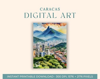 Caracas Watercolor Painting (DIGITAL ART) Venezuela, Printable Wall Art, Travel Poster, Wall Decor, Decorative Watercolor, South America