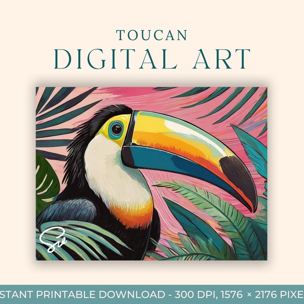 Toucan (DIGITAL ART) Printable Art, Digital Print, Printable File, Tropical Decor, Bird Lover Gift, Pink Wall Art, Beach Painting, Pop Art