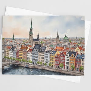 Copenhagen Watercolor Greeting Cards, 5 x 7 greeting card set, Denmark painting, stationery, travel artwork, Europe cards, Travel Note Card