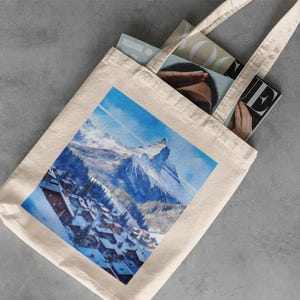 Swiss Alps Watercolor Canvas Tote - Zermatt, Switzerland, Matterhorn, Library Bag, Reusable Grocery Bag, Cotton Tote Bag, Zermatt Souvenir