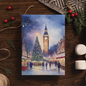 ロンドンのクリスマス水彩画ポストカード、5 x 7 グリーティング カード セット、デジタル アート、イギリスの絵画、旅行アートワーク、ヨーロッパ、クリスマス カード セット