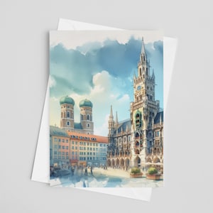 Cartões comemorativos em aquarela Marienplatz Munich, conjunto de cartões comemorativos 5 x 7, arte digital, pintura alemã, arte de viagem, papelaria europeia
