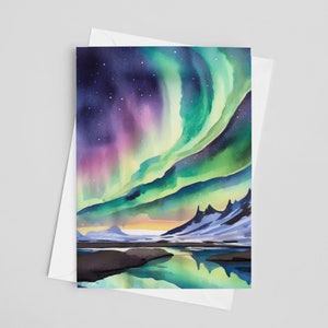 Northern Lights Watercolor Greeting Cards, 5 x 7 greeting card set, digital art, Iceland painting, travel artwork, Europe Stationery, Alaska
