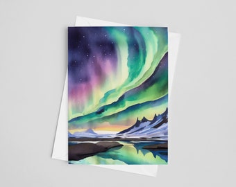 Noorderlicht aquarel wenskaarten, 5 x 7 wenskaarten, digitale kunst, IJsland schilderen, reiskunst, Europa briefpapier, Alaska