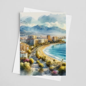 Marbella aquarel wenskaarten, 5 x 7 wenskaarten, digitale kunst, Spanje schilderij, reiskunst, Europa briefpapier