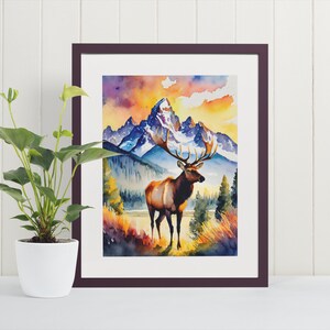 Grand Teton Aquarell Kunstdruck - Nationalpark Geschenke, Natur Poster, Berge, Elche, Wyoming, Fine Art Posters, Nationalpark Aquarell