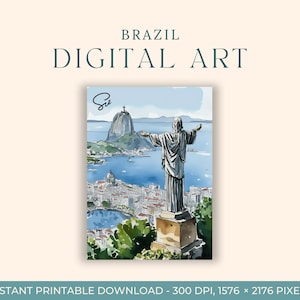 Aquarelle de Rio (ART NUMÉRIQUE) Brésil, Christ Rédempteur, art mural imprimable, art du voyage, téléchargement immédiat, Rio de Janeiro