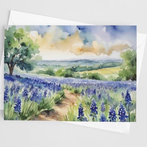 Cartões comemorativos Texas Hill Country, conjunto de cartões comemorativos 5 x 7, Blue Bonnet Stationery, Leste do Texas, Flores, Natureza, Cartões de anotações em aquarela