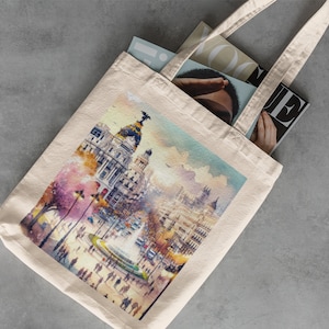 Madrid Canvas Tote - Bibliotheks-Tasche, wiederverwendbare Einkaufstasche, Baumwoll-Einkaufstasche, Reise-Strandtasche, Europa-Kunst, Spanien-Aquarell-Digital-Kunst