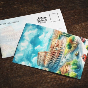 Carte postale aquarelle Rome Colisée, jeu de cartes de voeux 5 x 7, art numérique, peinture Italie, oeuvre d'art de voyage, carte postale Europe
