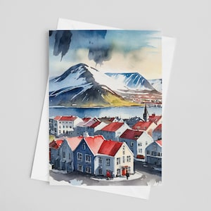 Reykjavik Watercolor Greeting Cards, 5 x 7 greeting card set, digital art, Iceland painting, travel artwork, Europe Stationery, Souvenir