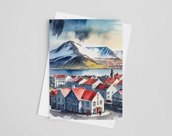 Reykjavik aquarel wenskaarten, 5 x 7 wenskaartenset, digitale kunst, IJsland schilderen, reiskunst, Europa briefpapier, souvenir