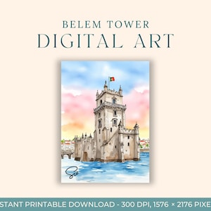 Belem Tower Watercolor Painting (DIGITAL ART) Lisbon, Portugal, Travel Art, Art Prints, Printable Wall Art, Colorful, Europe City Paintings
