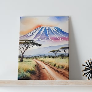 Mount Kilimanjaro Watercolor Art Canvas - African Decor, Wall Art, Print Canvas, Tanzania, Nature Landscape, Safari, Kili, Africa, Colorful