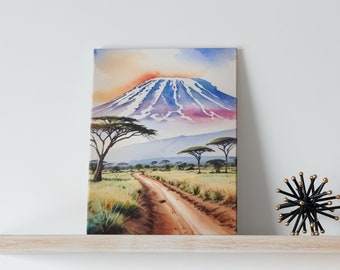Mount Kilimanjaro Watercolor Art Canvas - African Decor, Wall Art, Print Canvas, Tanzania, Nature Landscape, Safari, Kili, Africa, Colorful