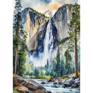 May include: A watercolor painting of a waterfall cascading down a rocky cliff face in Yosemite National Park. Lush green trees line the base of the cliff, and a river flows through the foreground.