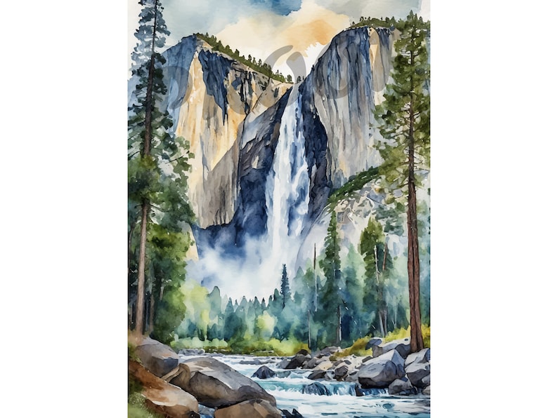 May include: A watercolor painting of a waterfall cascading down a rocky cliff face in Yosemite National Park. Lush green trees line the base of the cliff, and a river flows through the foreground.