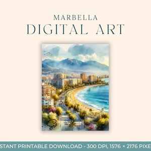 Aquarelle de Marbella (ART NUMÉRIQUE) Espagne, Malaga, art du voyage, impressions d'art, carte postale à faire soi-même, art de fiançailles, peintures de la ville de l'Europe