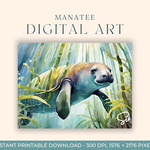 Manatee Watercolor Painting (DIGITAL ART) Florida, Coastal, Weeki Wachee, Printable Wall Art, Digital Download Art Print, Digital Printable