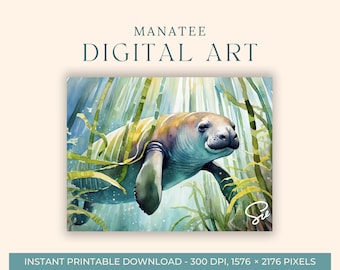 Manatee Watercolor Painting (DIGITAL ART) Florida, Coastal, Weeki Wachee, Printable Wall Art, Digital Download Art Print, Digital Printable