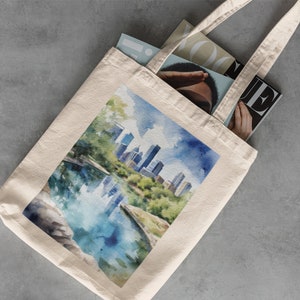 Barton Springs Canvas Tote - Library Bag, Reusable Grocery Bag, Cotton Tote Bag, Travel Bag, Austin Texas Gifts, Watercolor, Zilker Park