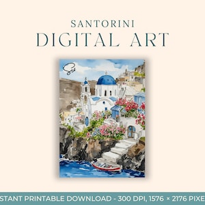 Santorini Watercolor Painting (DIGITAL ART) Greece, Mediterranean Wall Art, Blue Dome, European Art Print, Scenic Greece Art, Boat Seaside
