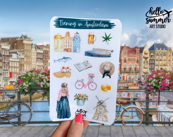 Evening in Amsterdam Sticker Sheet - Planner Stickers, Kawaii Stickers, Scrap Book Stickers, Travel Stickers, Netherlands, Holland, Europe