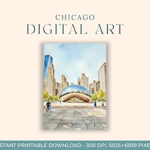 Chicago Watercolor Painting (DIGITAL ART) the Bean, Chicago Watercolor Skyline, ATL, Printable Wall Art, Illinois Colorful Print, Home Decor