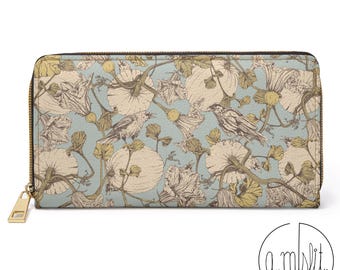 Vintage moderne portemonnee kunstleer, portemonnee met bloemenprint pompoen vogelpatroon, mooie grote damesportemonnee met kraai bloemenprint