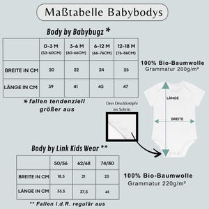 May include: A sizing chart for baby bodysuits titled Ma&szlig;tabelle Babybodys. It includes two tables for Babybugz and Link Kids Wear brands, listing widths and lengths in centimeters, fabric composition, and a diagram of a white bodysuit with three snaps.