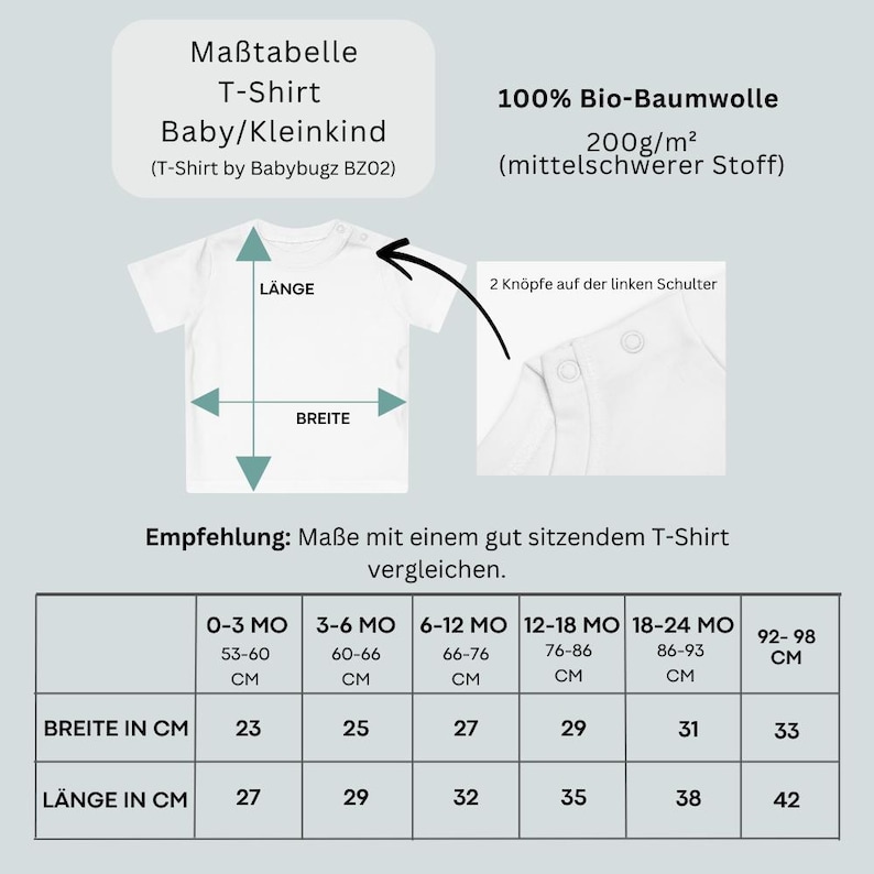 May include: A white baby t-shirt size chart featuring a diagram with length and width arrows, a detail of two buttons on the left shoulder, and a table listing measurements in centimeters for ages 0-3 months up to 92-98 cm, labeled 100% organic cotton.