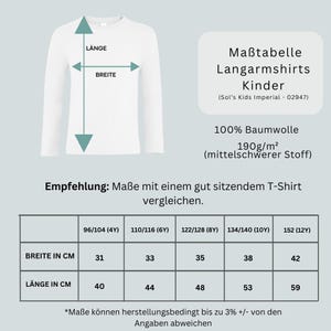 May include: A white long-sleeve shirt displayed with a sizing chart titled Ma&szlig;tabelle Langarmshirts Kinder. The chart lists widths and lengths in centimeters for sizes 96/104 to 152. It specifies 100% cotton material at 190g/m2 for this garment.