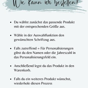 May include: An informational graphic with a light blue brushstroke header containing the text Wie kann ich bestellen? followed by a six-step bulleted list in German explaining the ordering process for a product, including selection, personalization, and checkout.