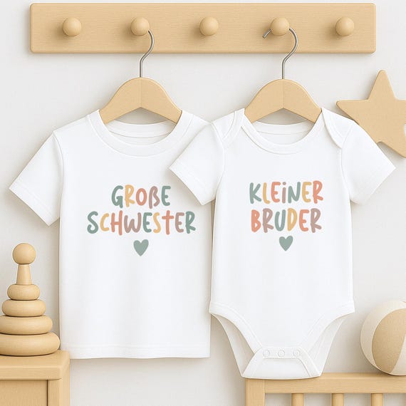 Geschwister Outfit, Großer Bruder/Schwester, kleiner Bruder/Schwester | Schwangerschaft verkünden | Personalisierte Kinder T-Shirts Babybody