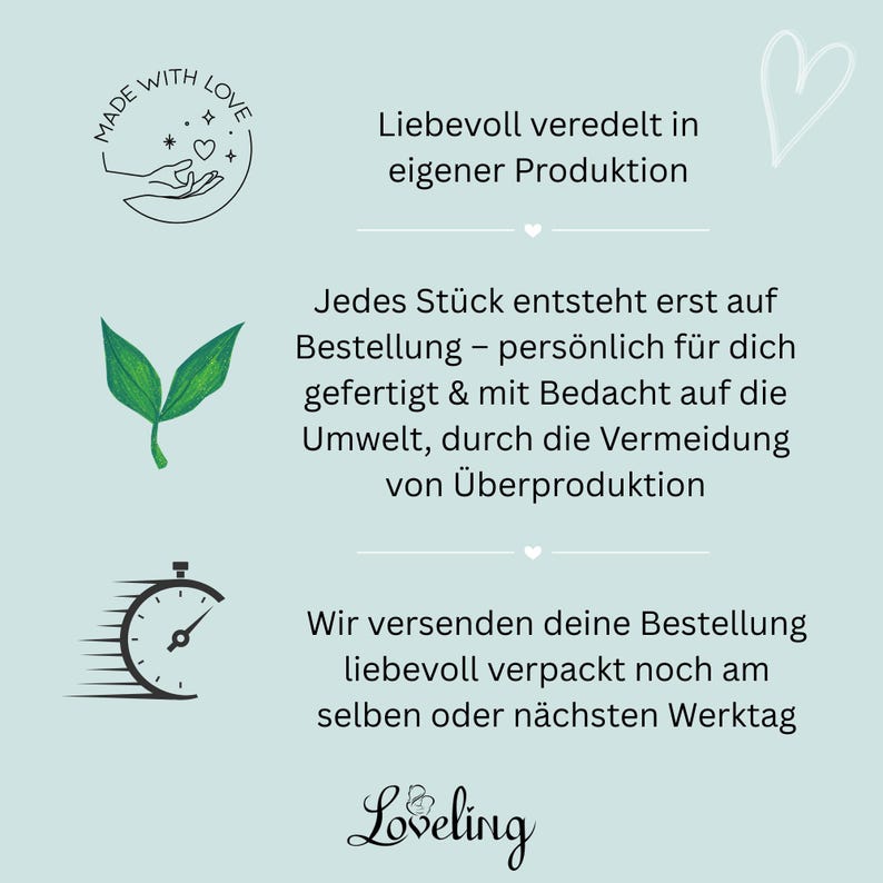 May include: A light blue graphic with text and illustrations. The text includes "Made with Love" and "Loveling". Illustrations include a hand, a heart, leaves, and a clock.