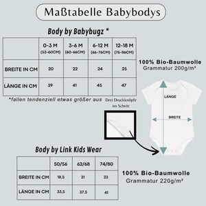K&ouml;nnte beinhalten: Eine Ma&szlig;tabelle f&uuml;r Babybodys mit zwei Tabellen f&uuml;r die Marken Babybugz und Link Kids Wear. Die Tabelle zeigt Breiten- und L&auml;ngenma&szlig;e in Zentimetern f&uuml;r verschiedene Altersgruppen sowie eine Abbildung eines wei&szlig;en Bodys mit Beschriftung.