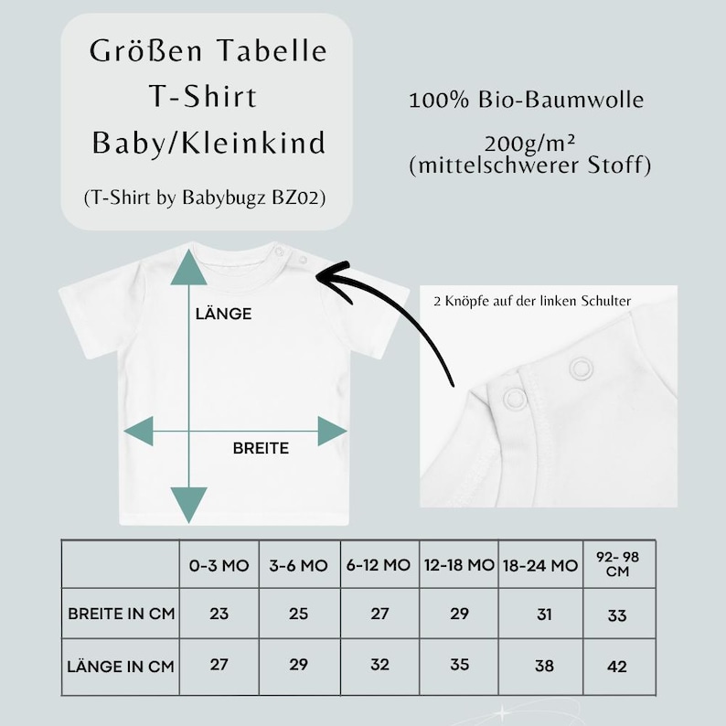 May include: A white baby t-shirt with a size chart in German. The chart shows measurements in centimeters for length and width, ranging from 23 cm to 33 cm wide and 27 cm to 42 cm long. The shirt is made of 100% organic cotton.